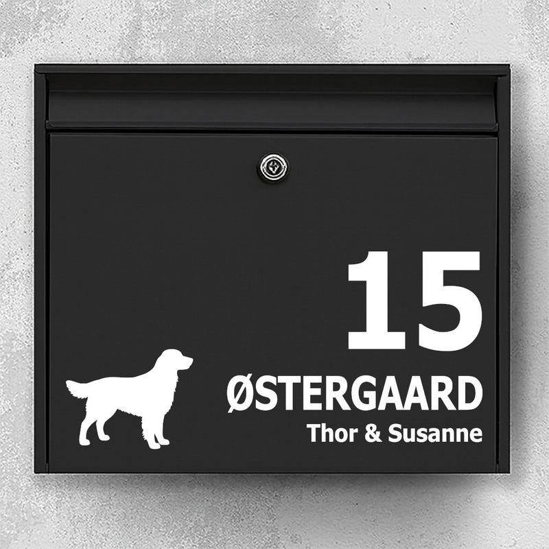 Brievenbussticker met retrieverhond - gepersonaliseerde naamsticker en huisnummer - weerbestendig vinyl
