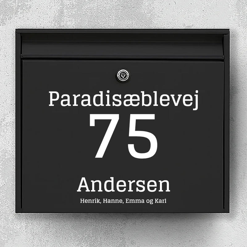 Brievenbussticker – gecentreerde straatnaam, groot huisnummer en familienaam