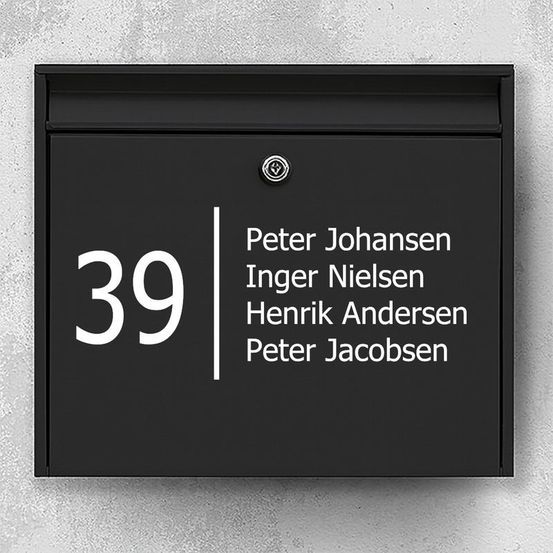 Brievenbussticker met groot huisnummer en verticale scheidingslijn - meerregelige namenlijst - weerbestendig vinyl