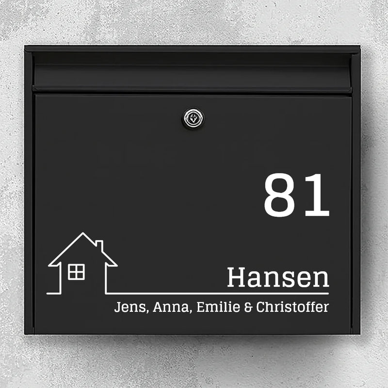 Brievenbussticker – huisicoon, groot huisnummer en familienaam