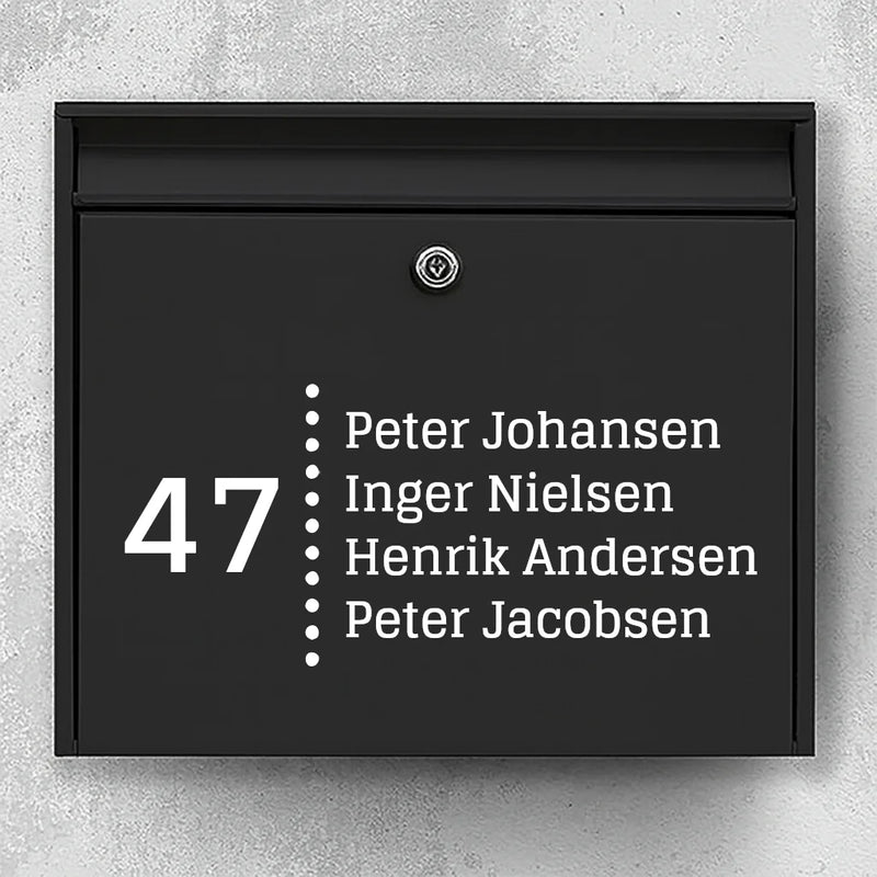 Brievenbussticker - huisnummer met stippellijn & namenlijst