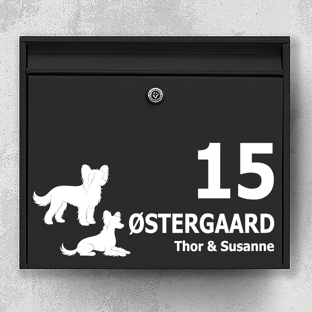 Naamplaatje voor brievenbus - silhouetten van Chinese Crested-honden, aangepaste tekst in duidelijke typografie - robuuste buitensticker