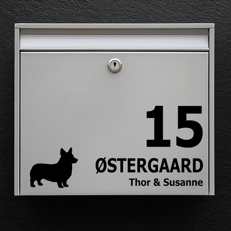 Corgi Silhouette Brievenbussticker - Gepersonaliseerd naambord en huisnummer - Weerbestendig vinyl