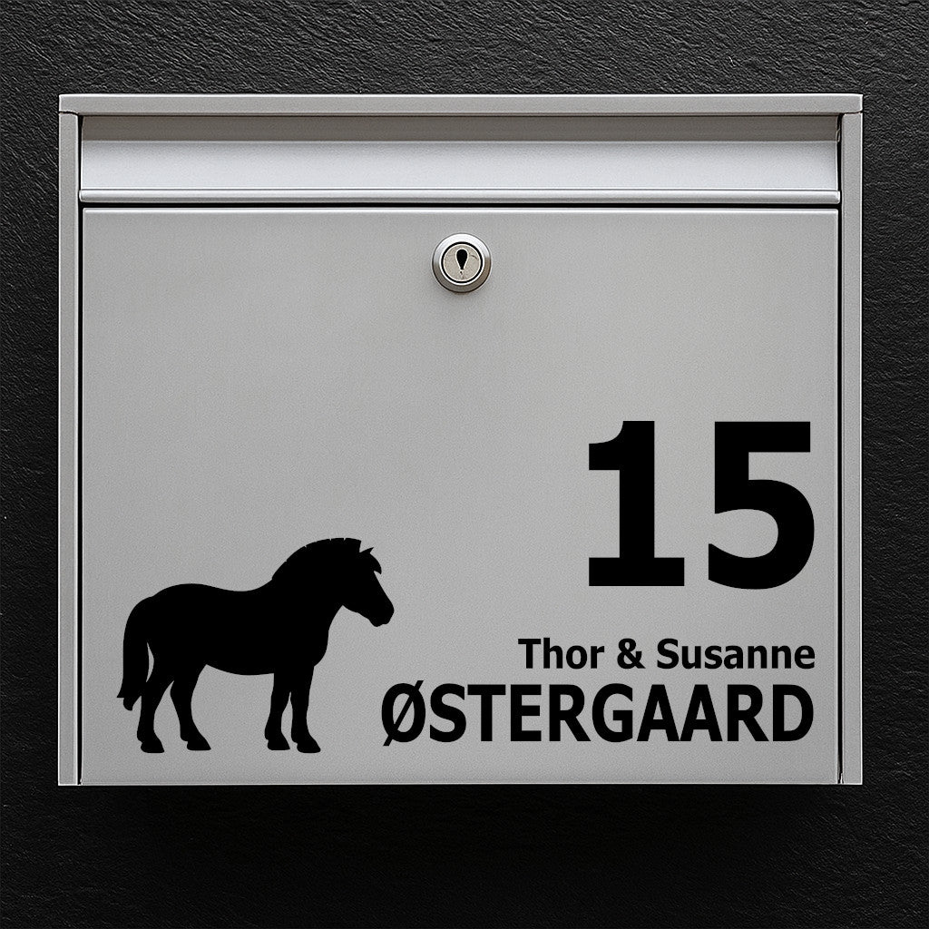 Naamplaatje voor brievenbus - paardenmotief: fjordpaard - personaliseer naam en huisnummer - robuuste buitensticker