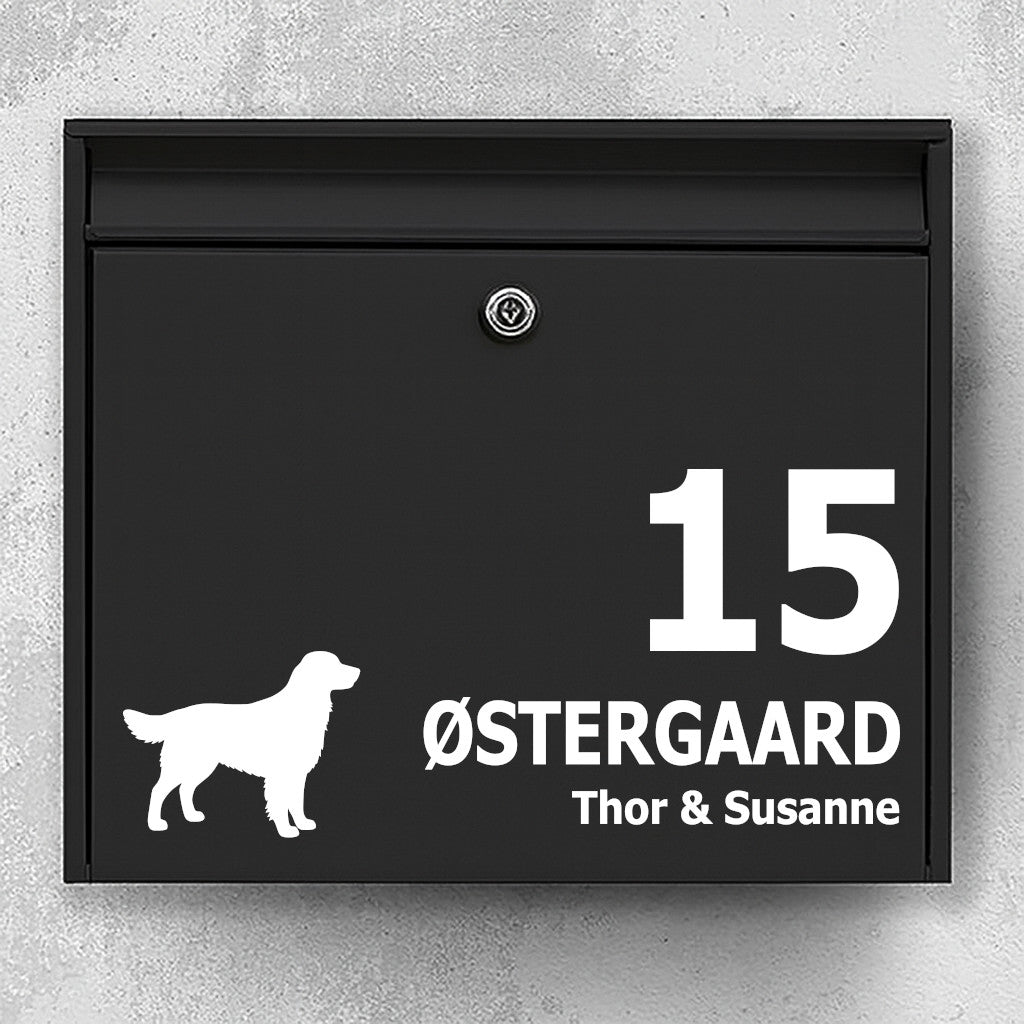 Brievenbussticker met retrieverhond - gepersonaliseerde naamsticker en huisnummer - weerbestendig vinyl