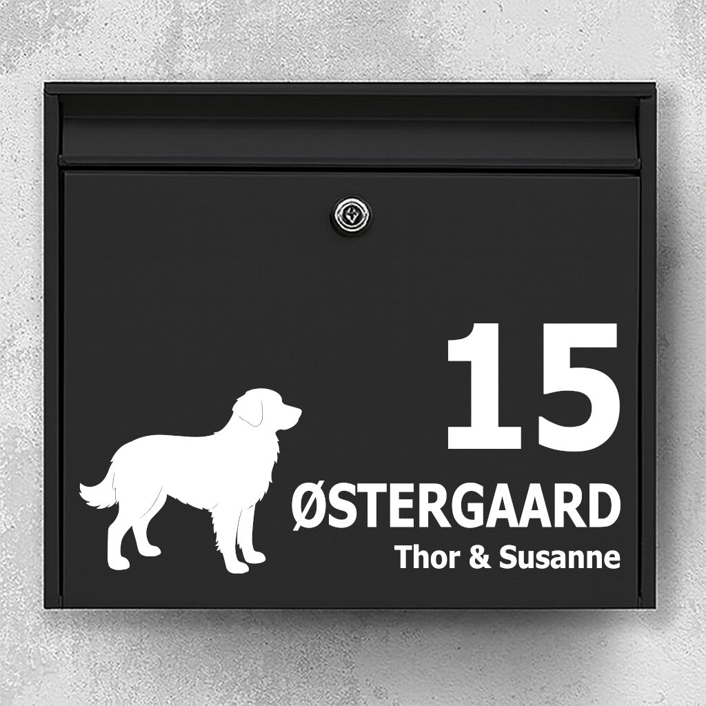 Naamplaatje voor brievenbus - hondenmotief: Nova Scotia Duck Tolling Retriever - personaliseer de tekst in duidelijke typografie, robuuste buitensticker