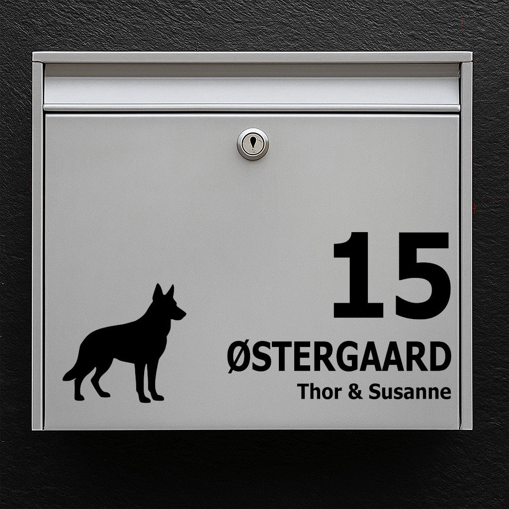 Naamplaatje voor brievenbus - hondenmotief: Duitse herder - personaliseer naam en huisnummer - robuuste buitensticker