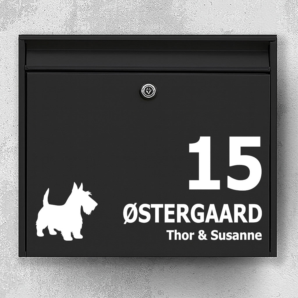 Schotse Terriër silhouet brievenbussticker - gepersonaliseerd naam- en huisnummerlabel - weerbestendig vinyl