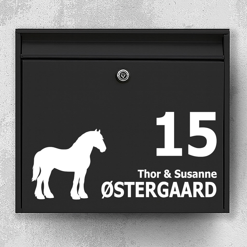 Brievenbussticker met Shire-paard in silhouet - gepersonaliseerd naam- en huisnummerlabel - weerbestendig vinyl