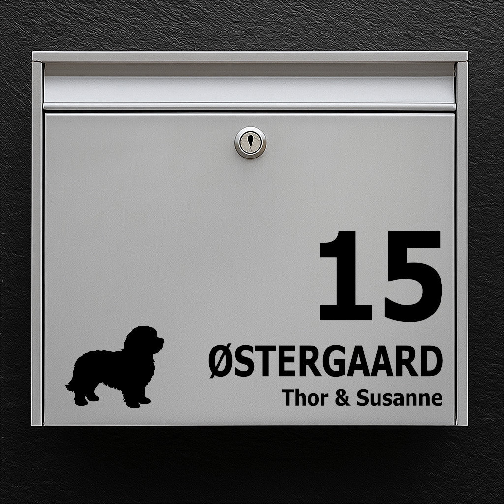 Naamplaatje voor brievenbus - katoenen hondensilhouetmotief - personaliseer tekst in meerdere regels - robuuste buitensticker