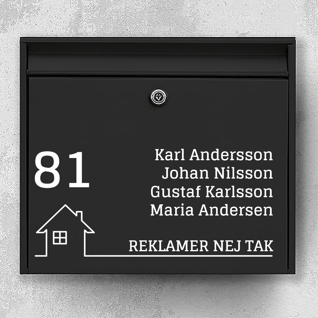 Brievenbussticker - groot huisnummer, namenlijst en huispictogram met basislijn "Geen reclame"