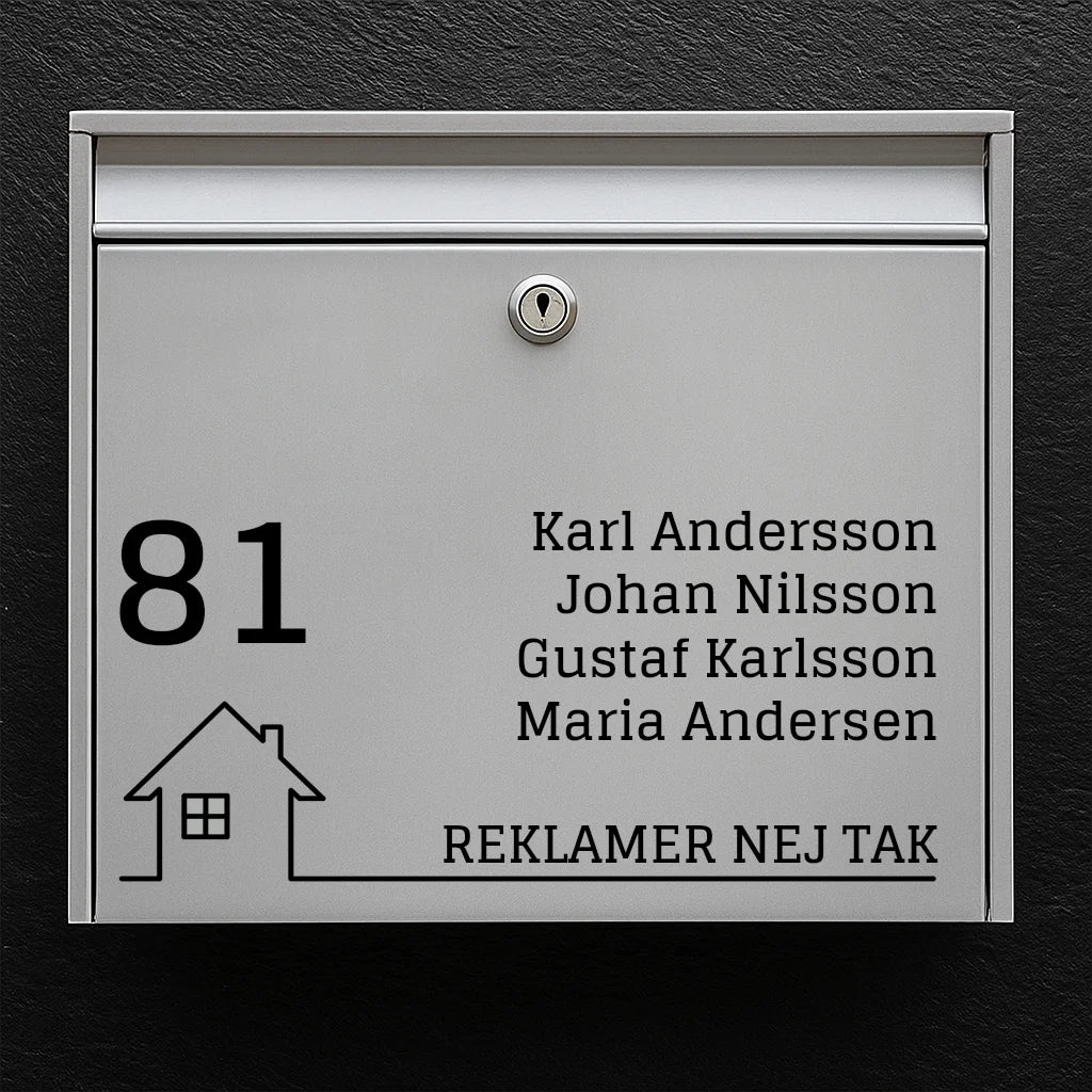 Brievenbussticker - groot huisnummer, namenlijst en huispictogram met basislijn "Geen reclame"