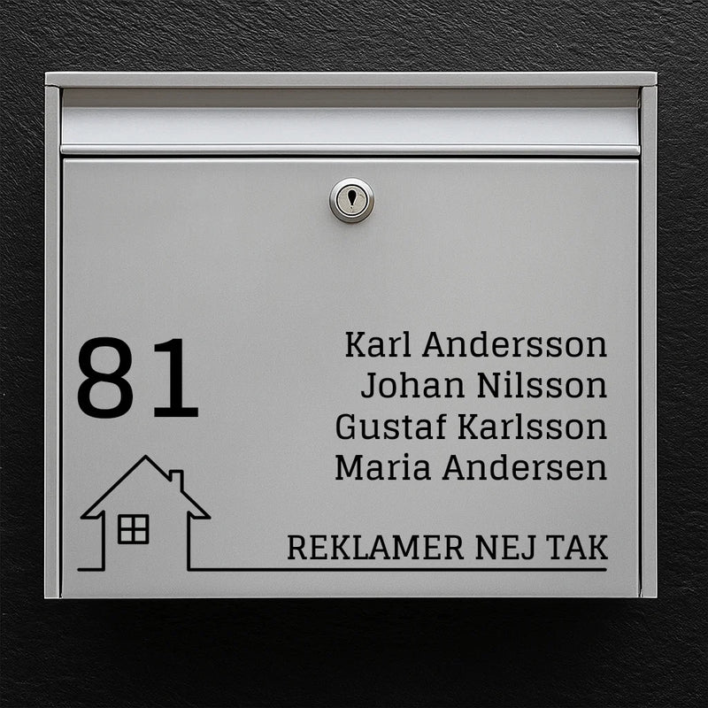 Brievenbussticker - groot huisnummer, namenlijst en huispictogram met basislijn "Geen reclame"