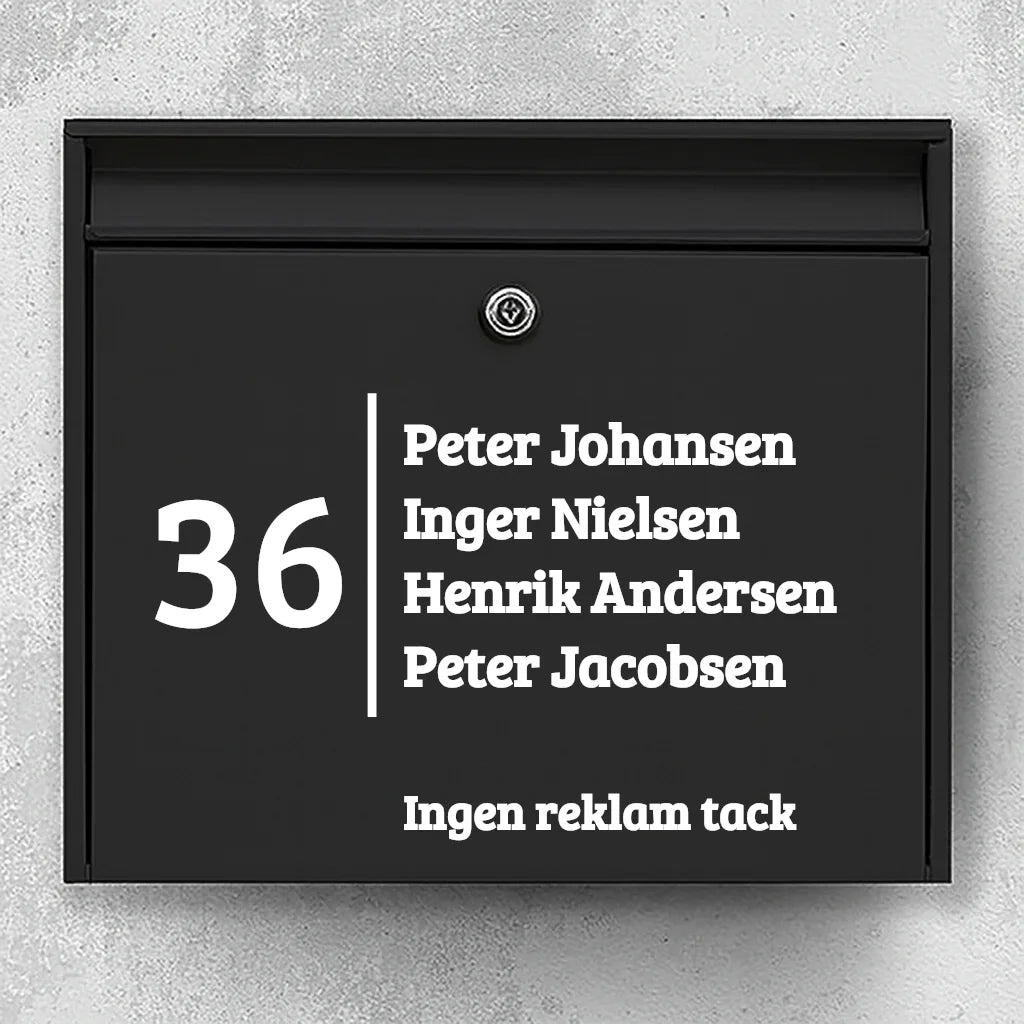 Brievenbussticker – groot huisnummer met verticale scheidingslijn, namenlijst & regel ‘Geen reclame’