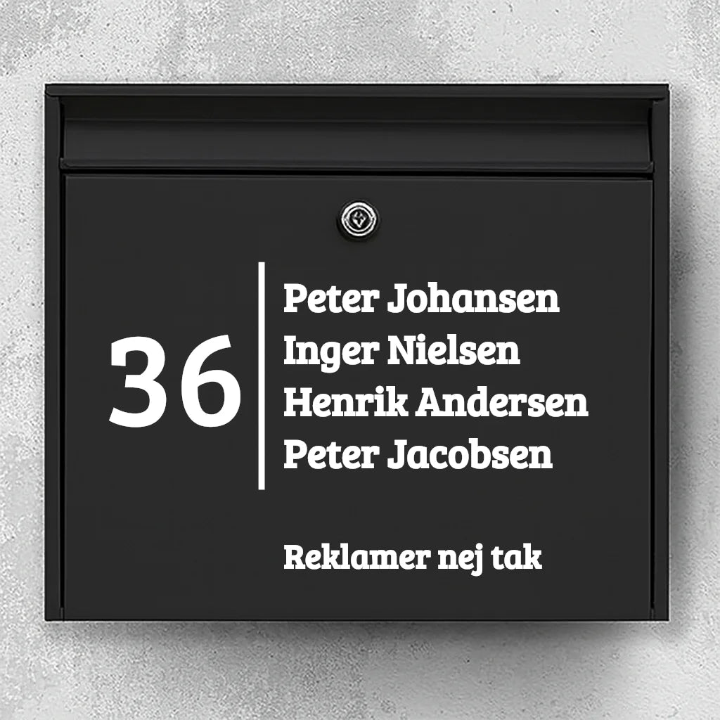 Brievenbussticker – groot huisnummer met verticale scheidingslijn, namenlijst & regel ‘Geen reclame’