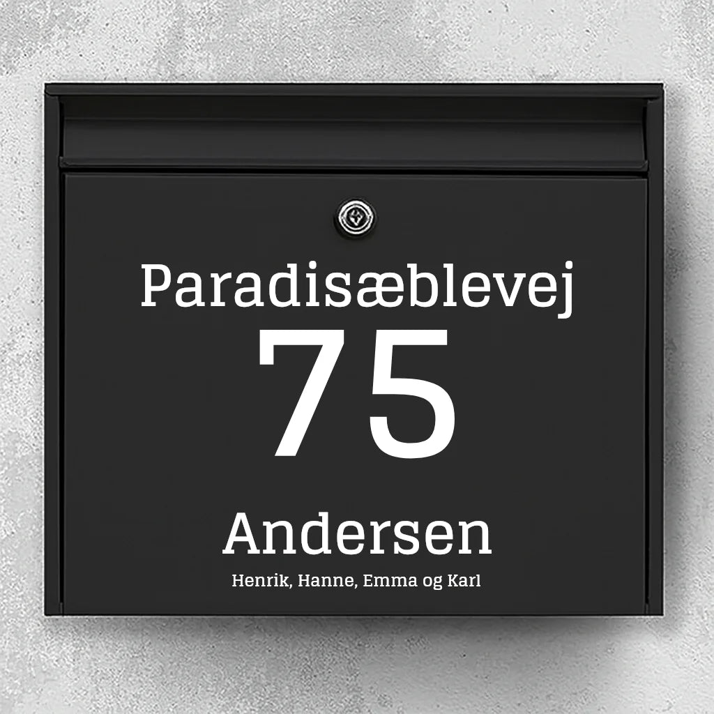 Brievenbussticker – gecentreerde straatnaam, groot huisnummer en familienaam
