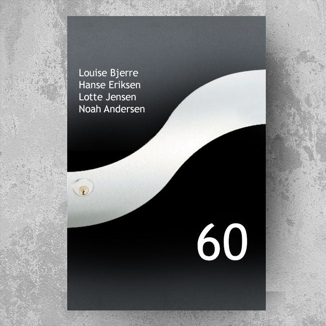 Brievenbussticker in gebogen/golfdesign - meerregelige namenlijst en groot huisnummer - weerbestendig vinyl