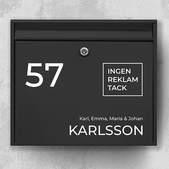 Brievenbusnaambord - moderne lay-out met nummers links, familietekst en pictogram "Geen reclame a.u.b." - robuuste buitensticker