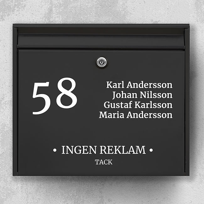 Brievenbussticker met huisnummer, namenlijst in meerdere regels en de tekst "GEEN RECLAME - DANK U WEL" - persoonlijk en weerbestendig