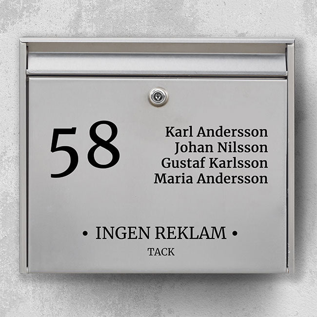 Brievenbusnaambord - meerdere namen + huisnummer en de tekst "Geen reclame" - op maat gemaakt in duurzaam vinyl voor buiten