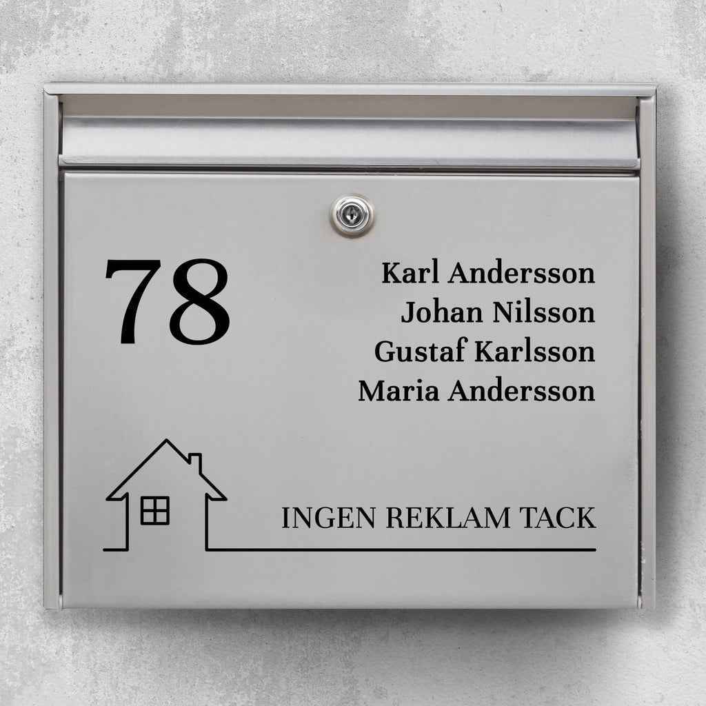 Brievenbusnaambord met groot huisnummer, meerregelige namenlijst en huisicoon met de tekst "Geen reclame a.u.b." – weerbestendig vinyl