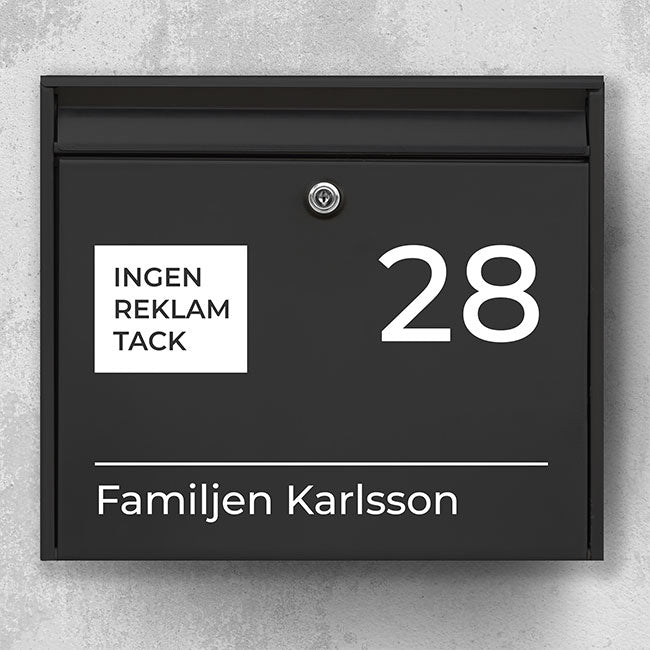 Modern brievenbuslabel – vierkant pictogram “Geen advertenties, a.u.b.”, duidelijk nummer en onderstreept veld voor achternaam – robuuste buitensticker