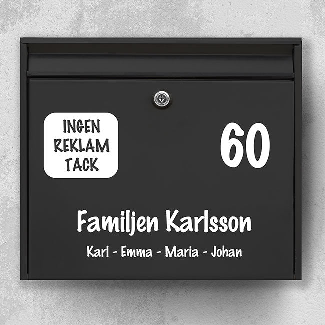 Handgeschreven brievenbuslabel - groot huisnummer, familienaam en badge "Geen reclame, alstublieft" - weerbestendig vinyl