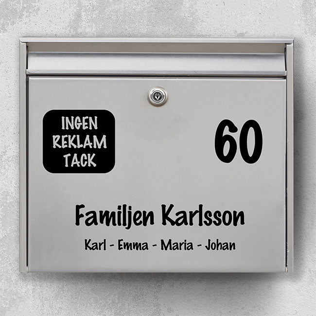 Brievenbusnaambord - Rond pictogram met "Geen advertenties, alstublieft", duidelijk nummer en regel voor familienamen - Stevige buitensticker