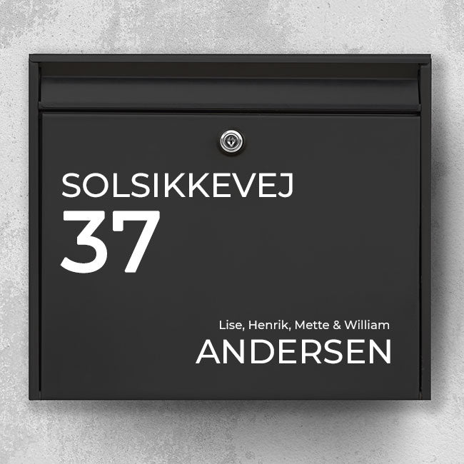 Minimalistisch brievenbusnaambord - straatnaam en groot huisnummer plus achternaam - weerbestendig vinyl