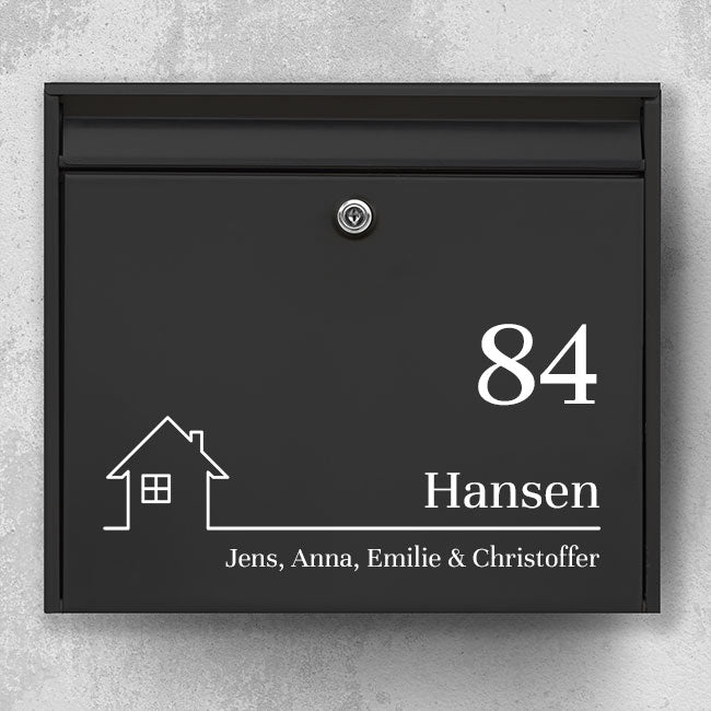 Brievenbussticker met huisicoon en groot huisnummer - klassieke lay-out met achternaam en familielijn - weerbestendig vinyl