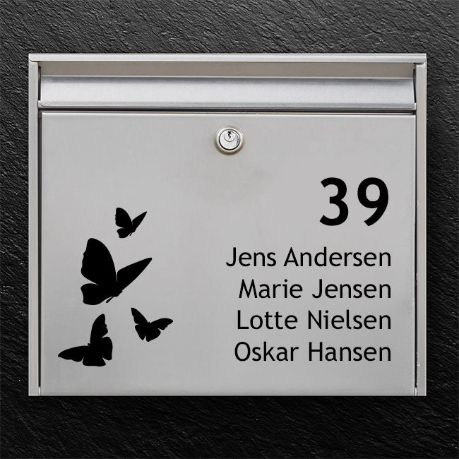 Decoratief naamplaatje voor brievenbus - silhouetten van vlinders, duidelijke typografie en ruimte voor naam/nummer - buitenlabel