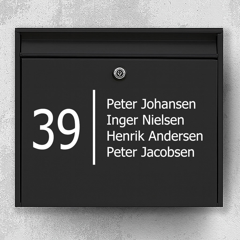 Brievenbussticker met groot huisnummer en verticale scheidingslijn - meerregelige namenlijst - weerbestendig vinyl