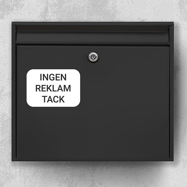 Reclamevrij brievenbuslabel – doorzichtige zwarte badge met de tekst “Geen advertenties, alstublieft”, weerbestendige buitensticker
