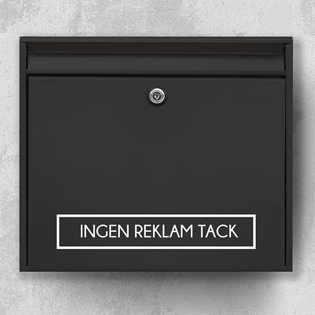 Brievenbussticker – “Geen reclame a.u.b.” in wit kader op zwarte brievenbus