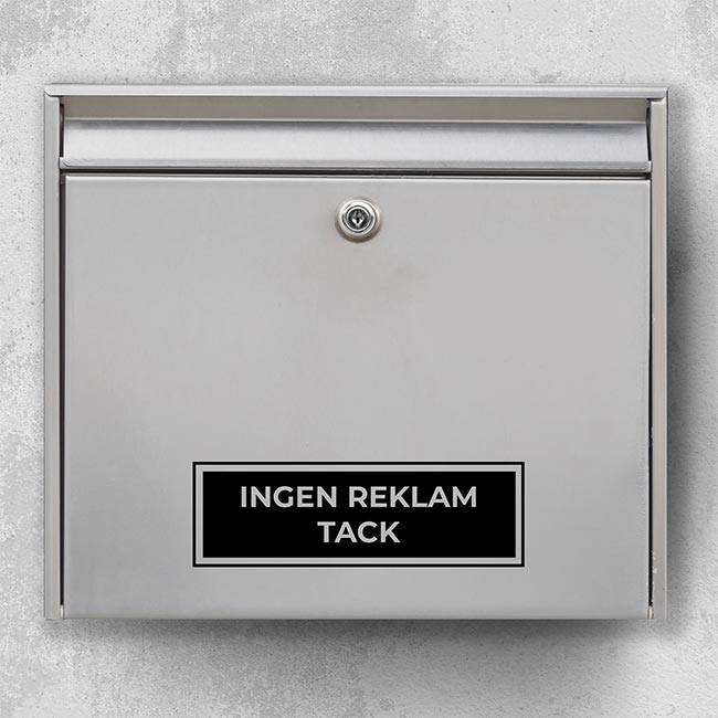 Brievenbussticker "Geen reclame, alstublieft" - zwarte rechthoekige badge op stalen brievenbus, weerbestendige sticker zonder reclame