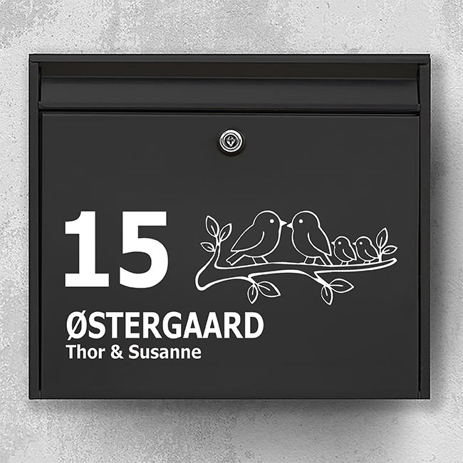 Brievenbussticker met vogels op tak - gepersonaliseerde naamsticker en huisnummer - weerbestendig vinyl