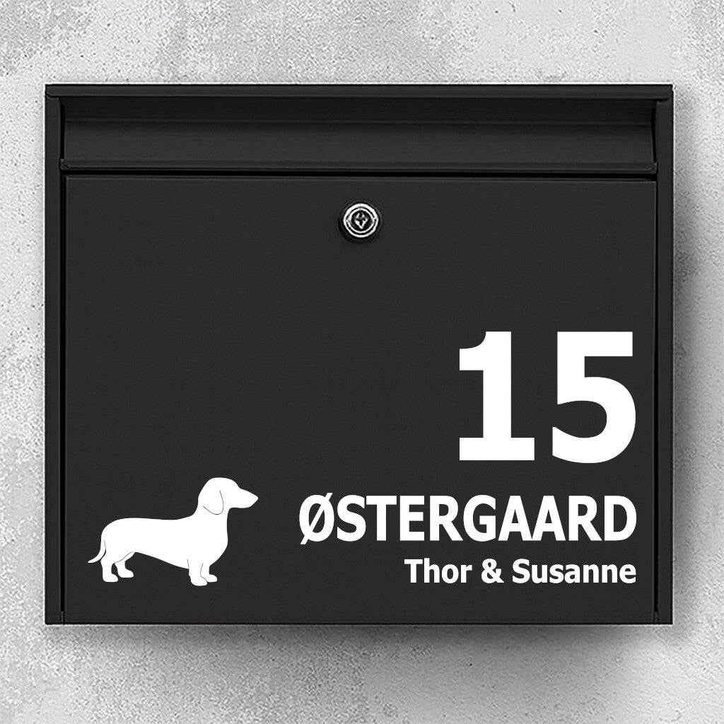 Brievenbussticker met teckel - gepersonaliseerde naamsticker en huisnummer - weerbestendig vinyl