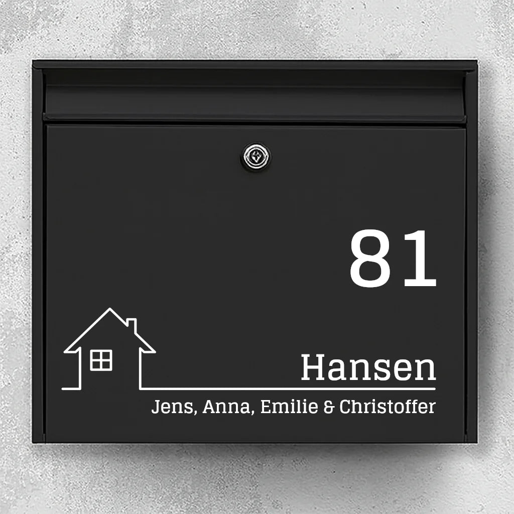Brievenbussticker – huisicoon, groot huisnummer en familienaam