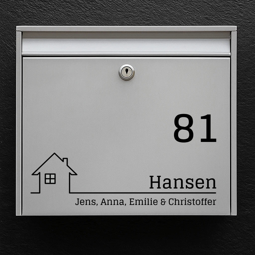 Brievenbussticker – huisicoon, groot huisnummer en familienaam