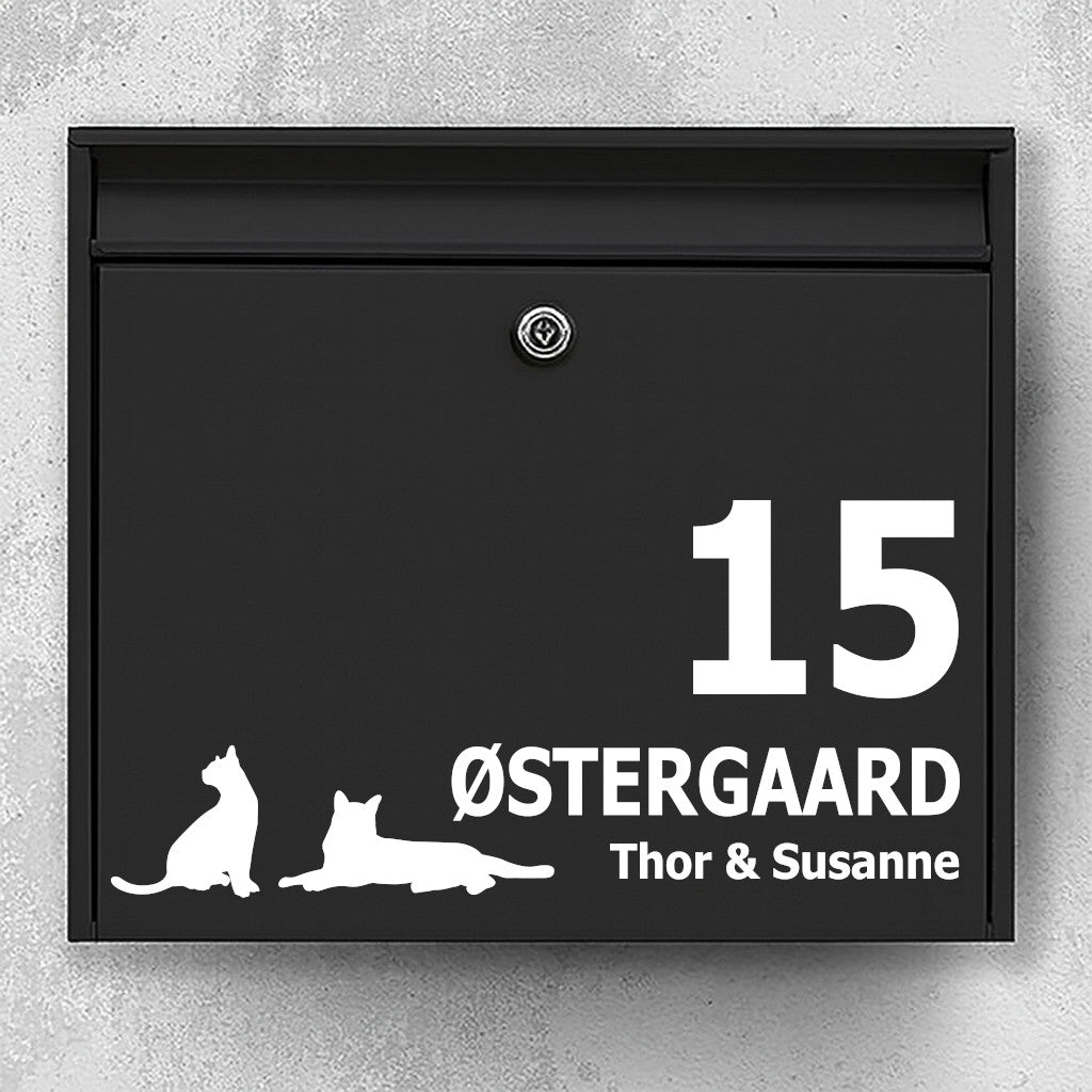 Brievenbussticker met twee katten in silhouet - gepersonaliseerd naamplaatje en huisnummer - weerbestendig vinyl