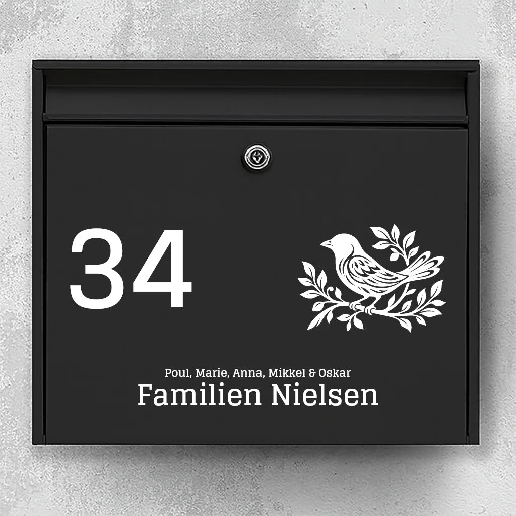 Brievenbussticker – vogelicoon met huisnummer, familienaam en voornamen
