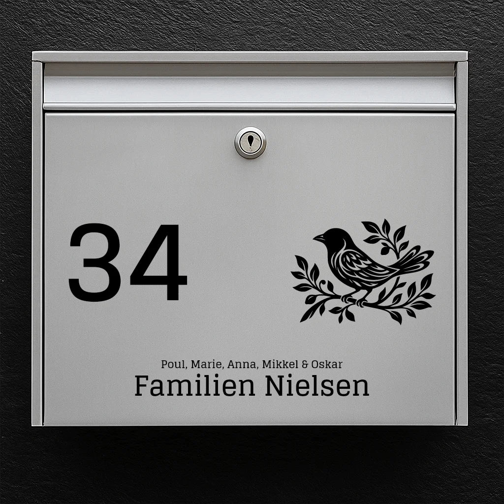 Brievenbussticker – vogelicoon met huisnummer, familienaam en voornamen