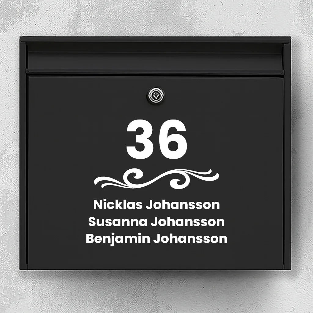 Brievenbussticker - huisnummer met ornament & namenlijst