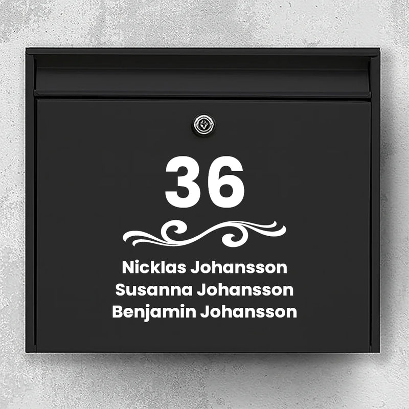 Brievenbussticker - huisnummer met ornament & namenlijst
