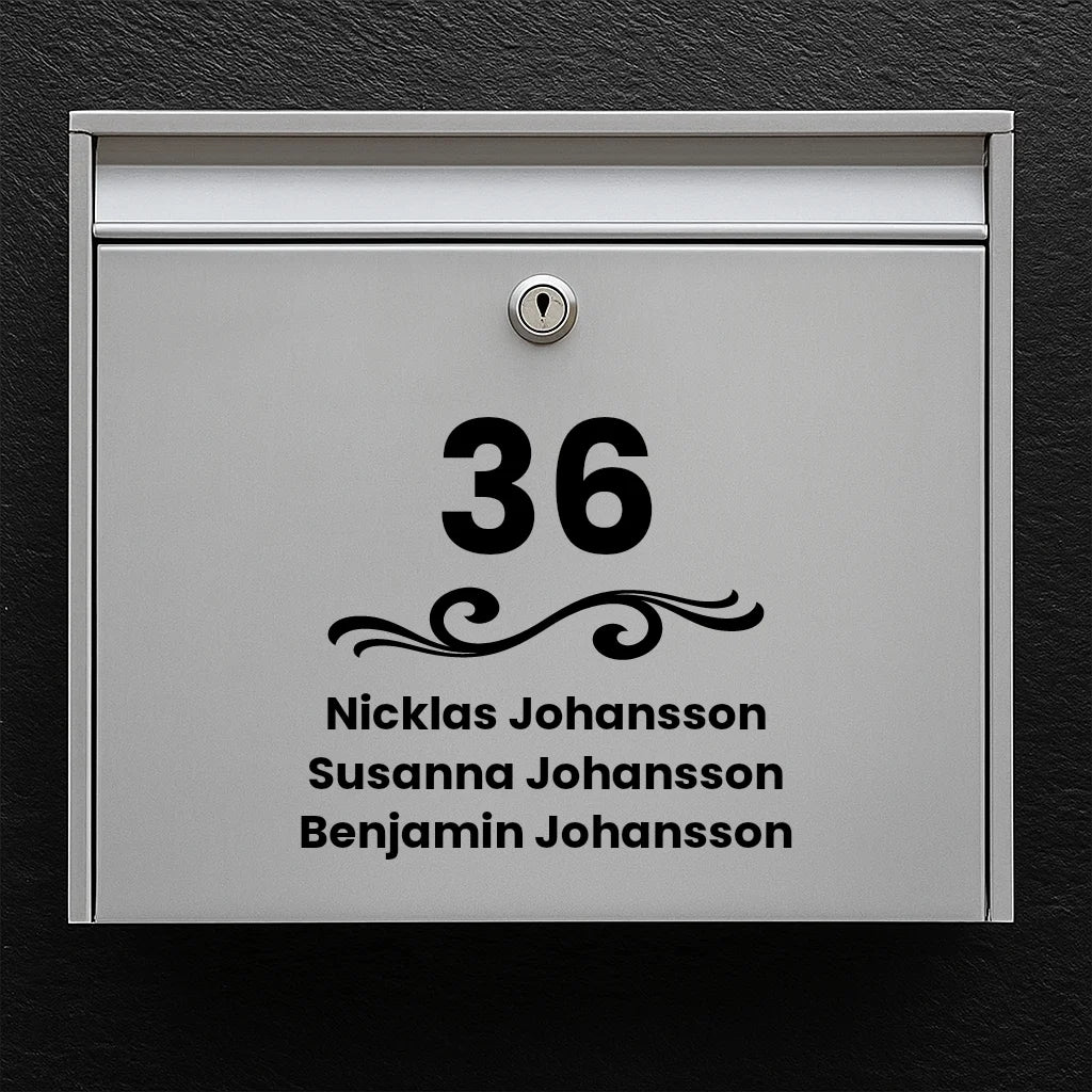 Brievenbussticker - huisnummer met ornament & namenlijst