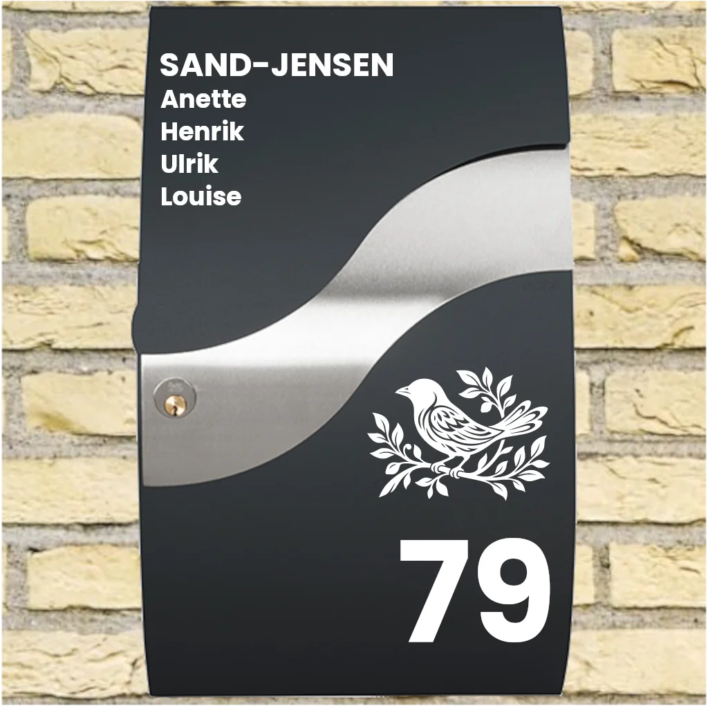 Brievenbussticker – Wave-indeling met vogelmotief, achternaam, voornamen & huisnummer