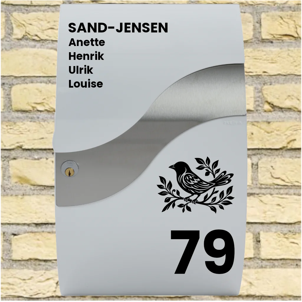 Brievenbussticker – Wave-indeling met vogelmotief, achternaam, voornamen & huisnummer