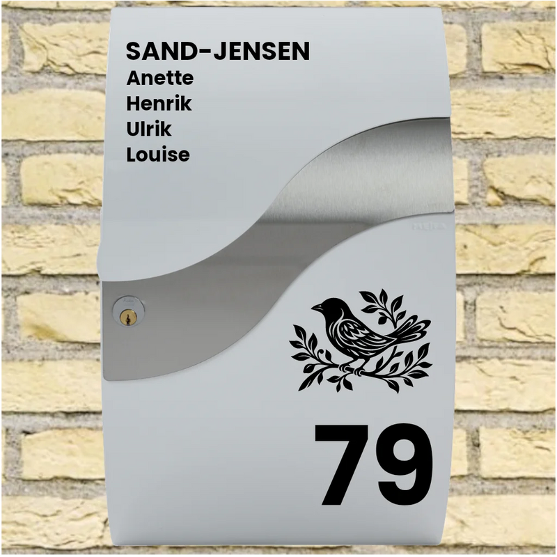 Brievenbussticker – Wave-indeling met vogelmotief, achternaam, voornamen & huisnummer
