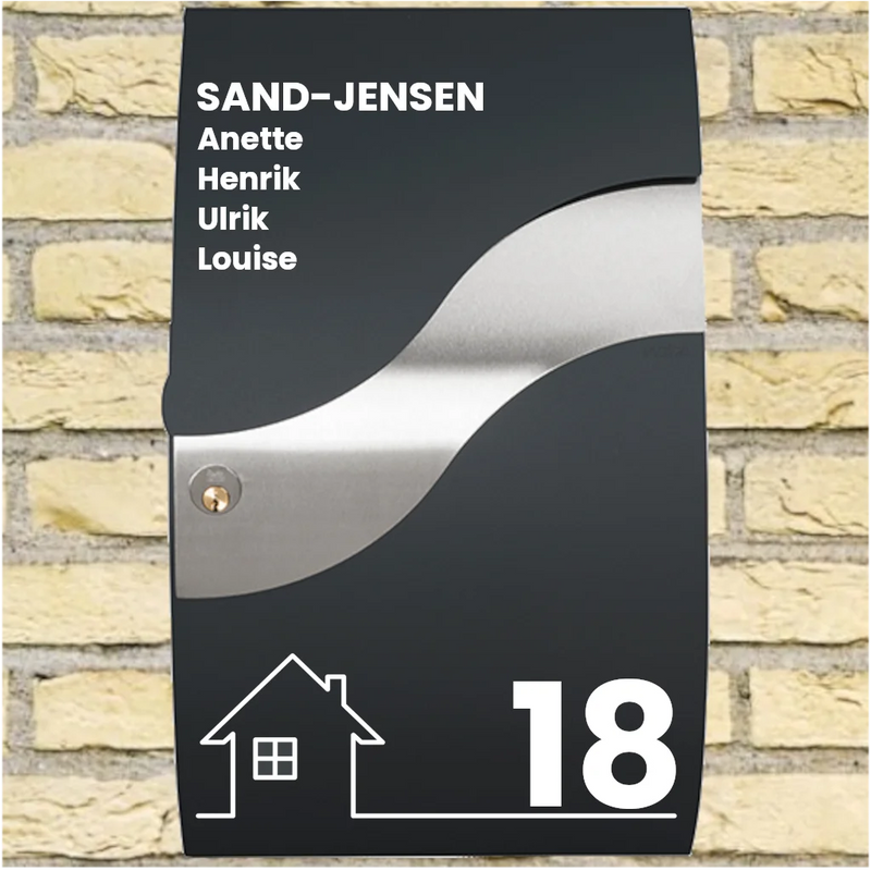 Brievenbussticker – Wave-indeling met huismotief, achternaam, voornamen & huisnummer