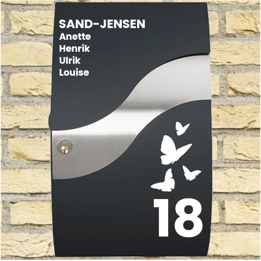 Brievenbussticker – Wave-indeling met vlindersmotief, achternaam, voornamen & huisnummer